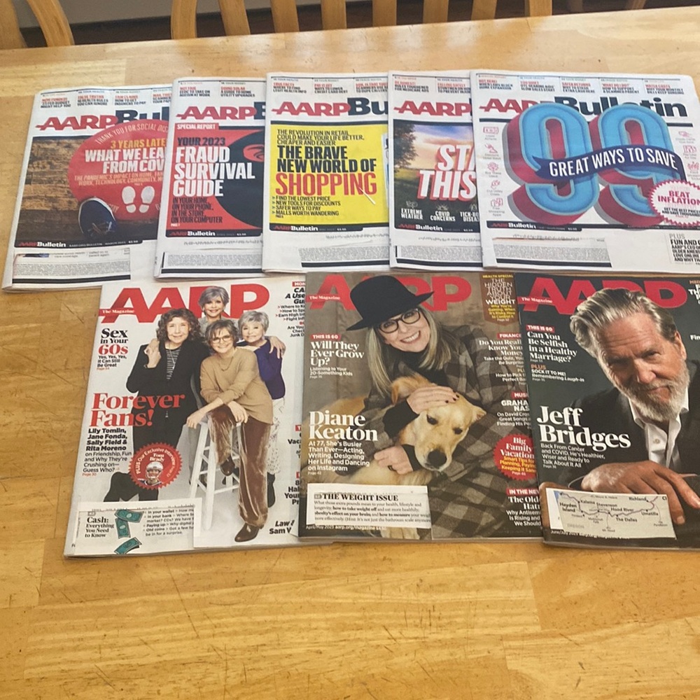 AARP bulletins and magazines. 5 bulletins Mar-Aug 23 and 3 magazines Mar-July 23